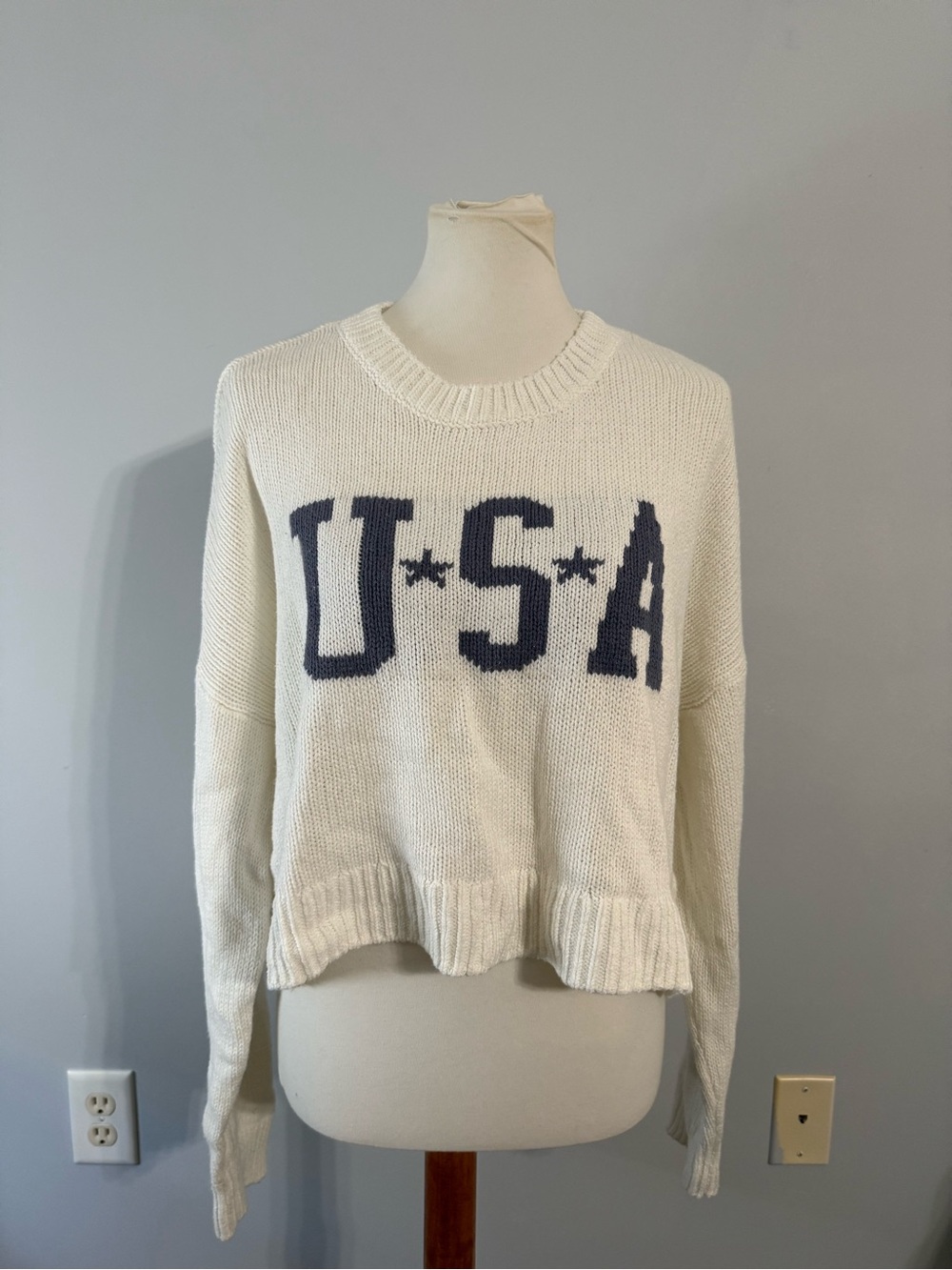 Grayson Threads Cream Crewneck Sweater with Navy USA Lettering